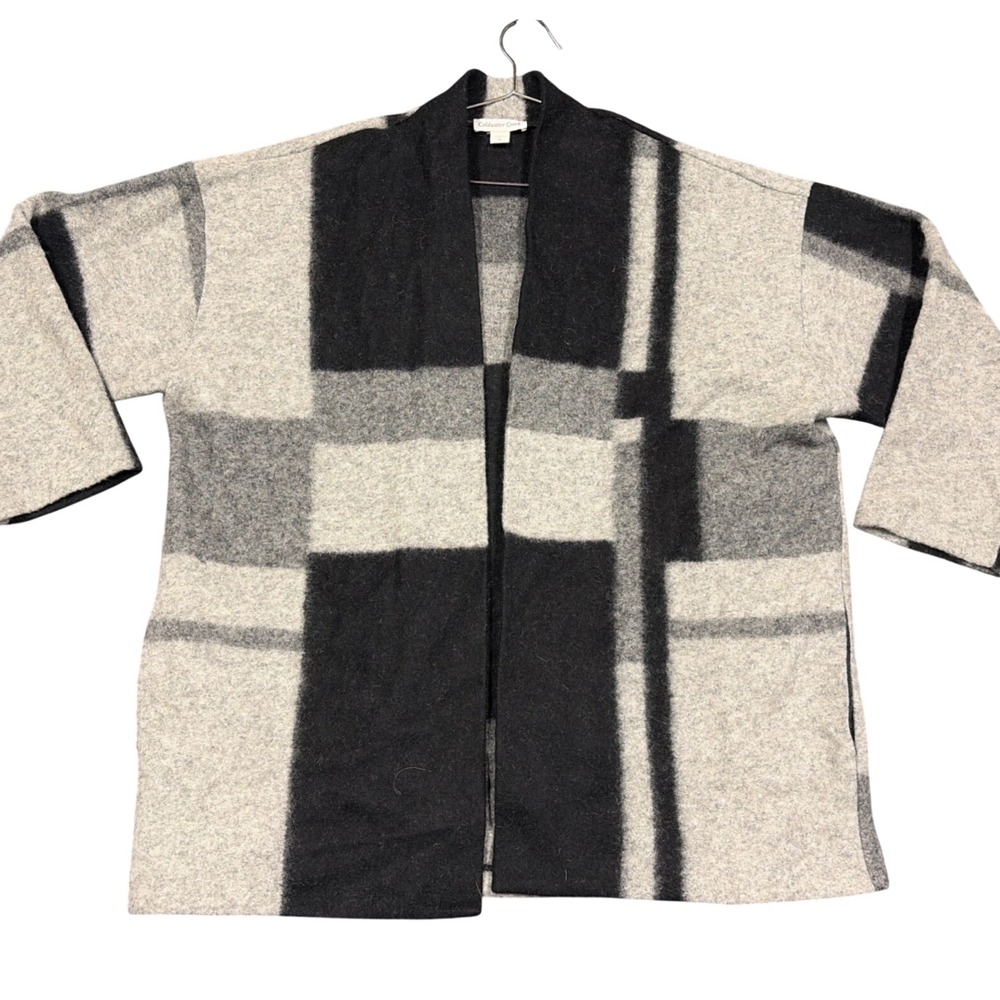 Coldwater Creek Cardigan Women 1X Grey Black Plaid Wool Blend Open Front Jacket